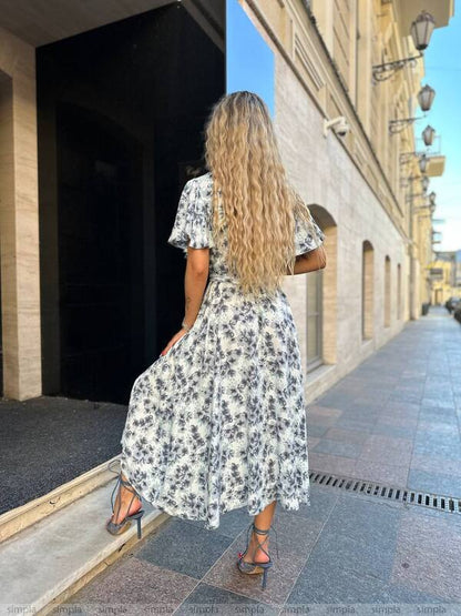 Floral Midi Dress with Belted Waist and Short Flutter Sleeves