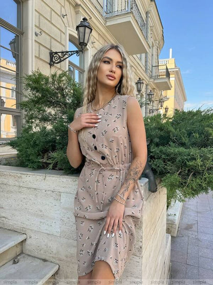 Sleeveless Knee-Length Dress with Waist Tie in American Crepe