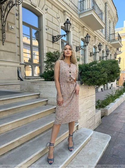 Sleeveless Knee-Length Dress with Waist Tie in American Crepe