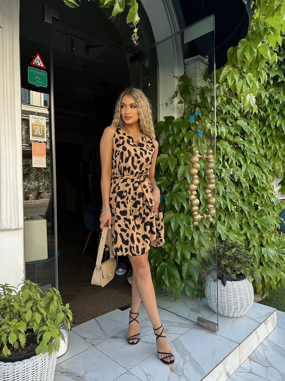 Summer Leopard Print Sleeveless Dress with Elastic Waist and Belt