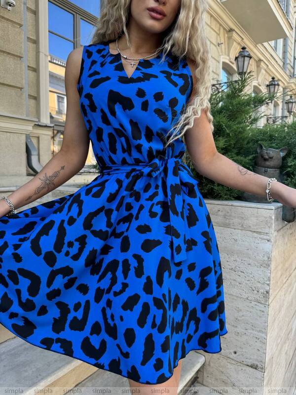 Blue Printed Silk Soft Summer Dress with Elastic Waist and Belt