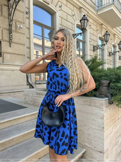 Blue Printed Silk Soft Summer Dress with Elastic Waist and Belt