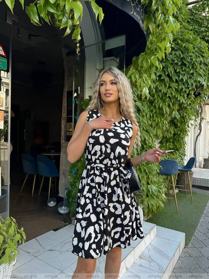 Summer Printed Silk Soft Dress with Elastic Waist and Belt