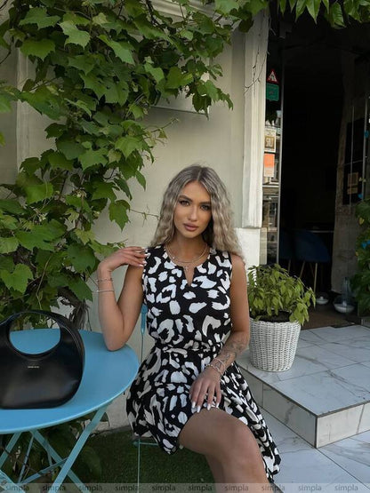 Summer Printed Silk Soft Dress with Elastic Waist and Belt