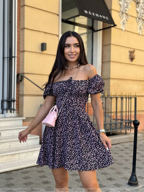 Off-Shoulder Floral Mini Dress with Adjustable Waist and Elastic Sleeves