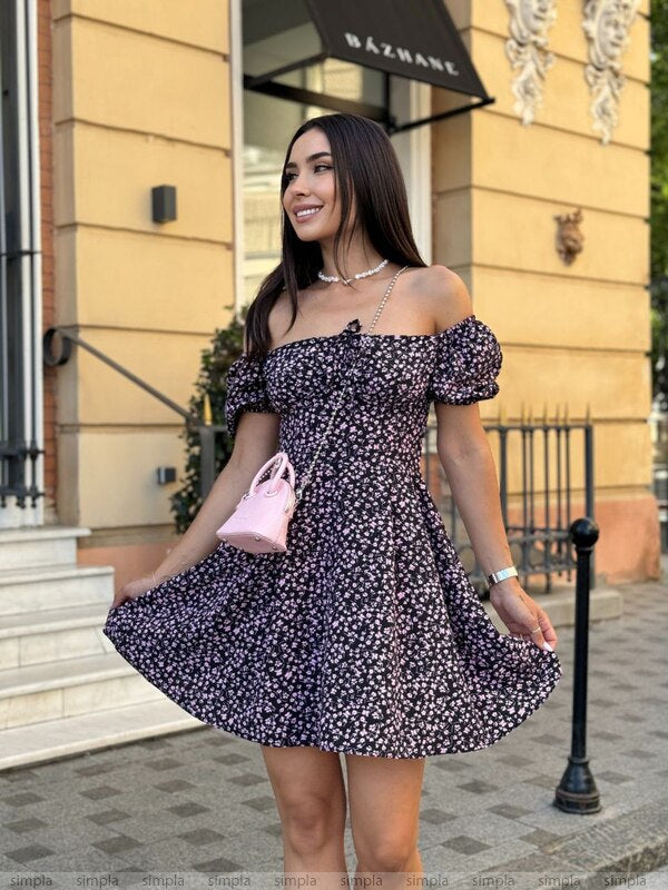 Off-Shoulder Floral Mini Dress with Adjustable Waist and Elastic Sleeves