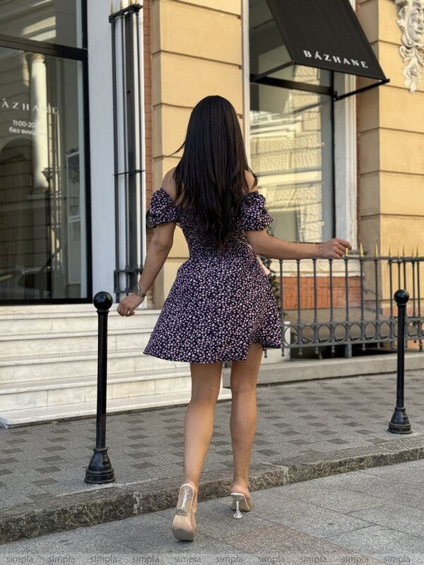 Off-Shoulder Floral Mini Dress with Adjustable Waist and Elastic Sleeves