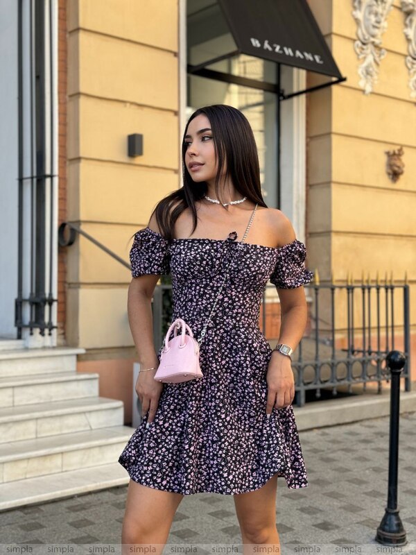 Off-Shoulder Floral Mini Dress with Adjustable Waist and Elastic Sleeves