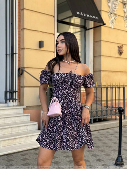 Off-Shoulder Floral Mini Dress with Adjustable Waist and Elastic Sleeves