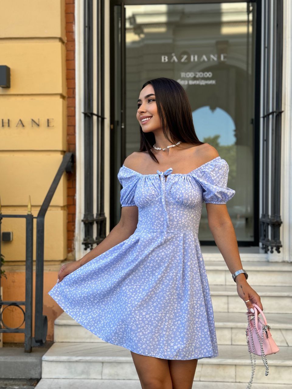 Light Blue Floral Off Shoulder Dress with Adjustable Waist and Sleeves