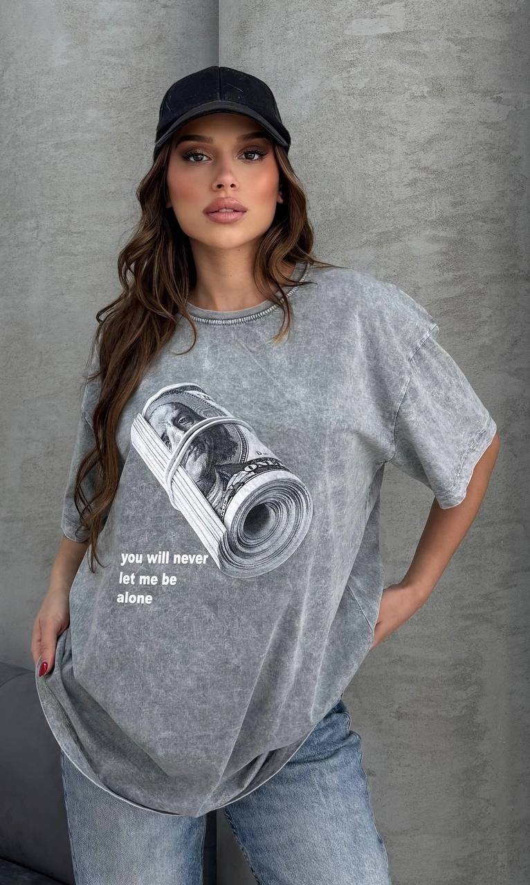 Stylish Oversized Grey Cotton T-Shirt with Money Print