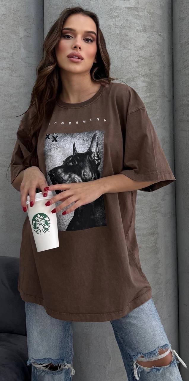 Oversized Brown Cotton T-Shirt with Dog Print