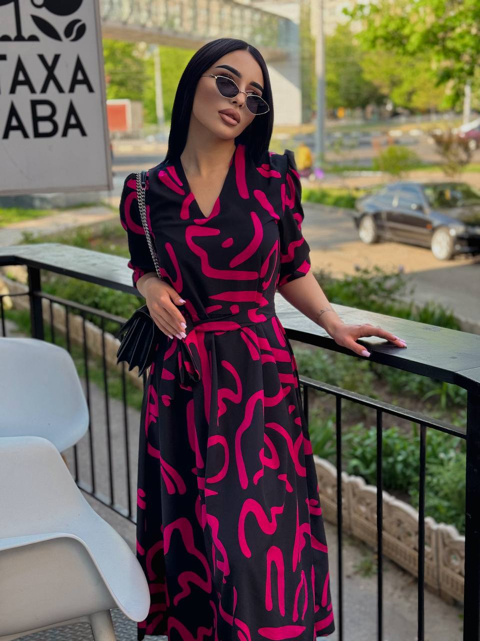 Lightweight Summer Dress in Bright Pink and Black Abstract Pattern