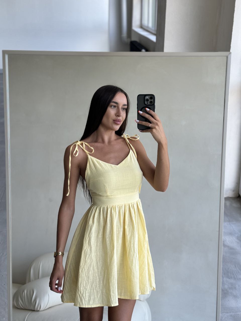 Light Yellow Linen Summer Dress with Adjustable Shoulder Ties