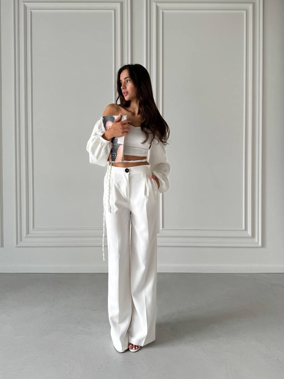 White High Waist Trousers and Adjustable Sleeve Off-Shoulder Top Set