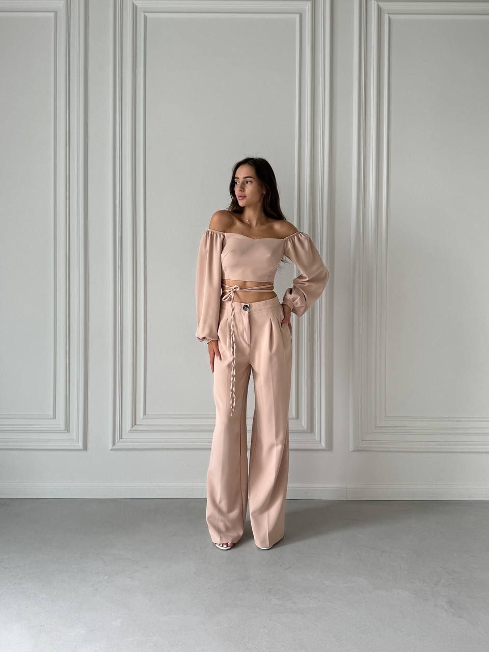 Beige High Waist Pants and Off Shoulder Top Set