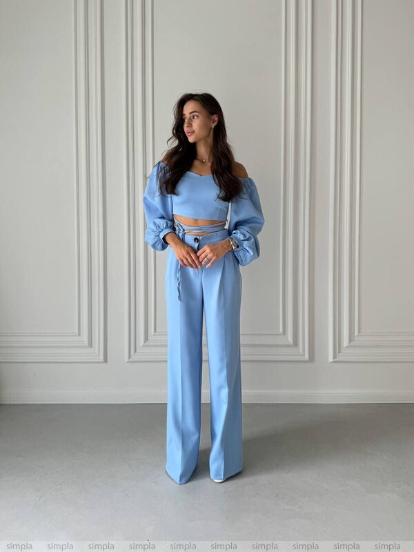 Light Blue High Waist Pants and Off-Shoulder Top Set