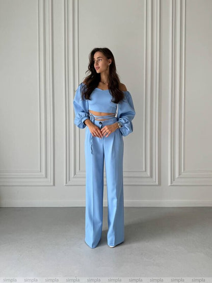 Light Blue High Waist Pants and Off-Shoulder Top Set