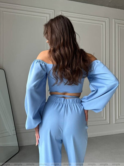 Light Blue High Waist Pants and Off-Shoulder Top Set