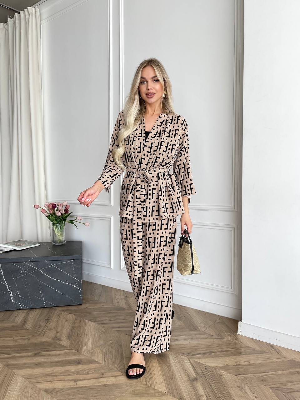 Lightweight Printed Women's Summer Suit in Beige and Black
