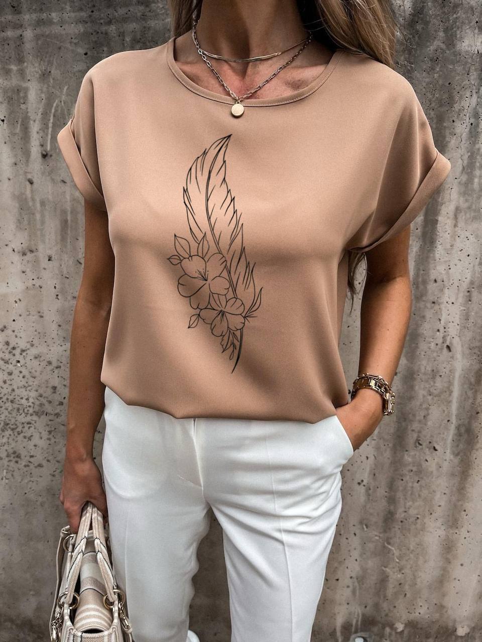 Lightweight Soft Fabric Blouse with Feather and Flower Design