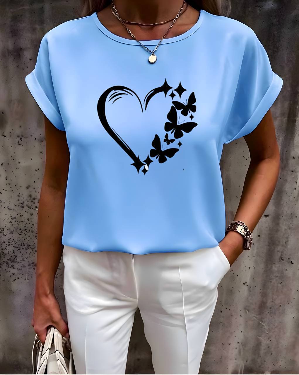 Light Blue Soft Turkish Fabric Blouse with Heart and Butterfly Print