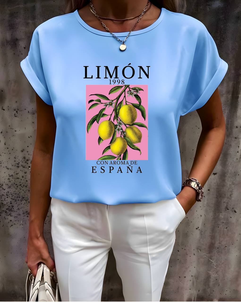 Light Blue Women's Blouse with Lemon Print Soft Fabric
