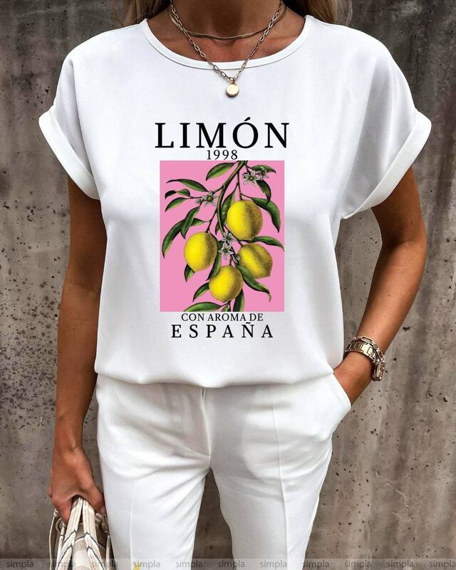 White Soft Fabric Blouse with Lemon Print and Spanish Aroma Design