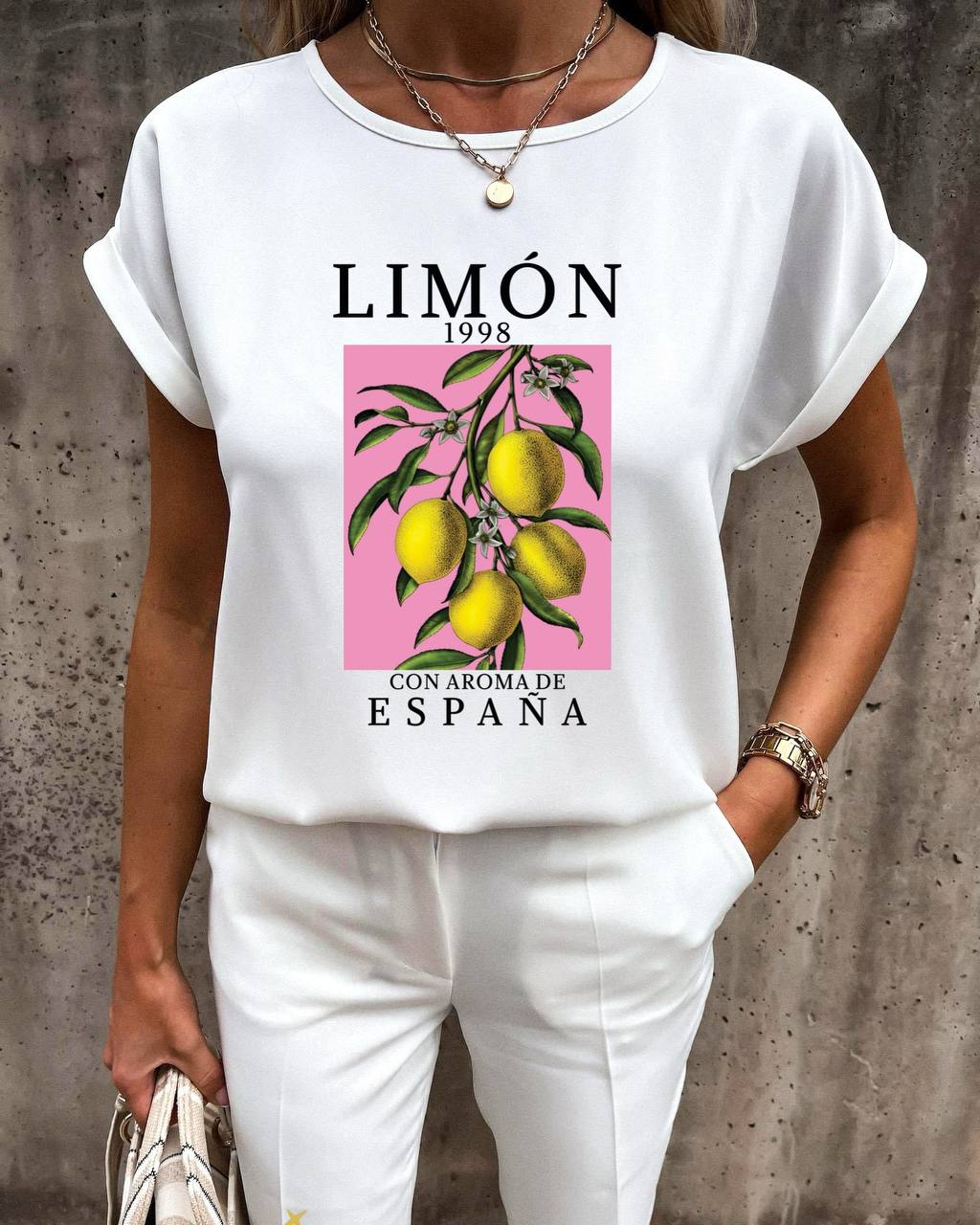 White Soft Fabric Blouse with Lemon Print and Spanish Aroma Design