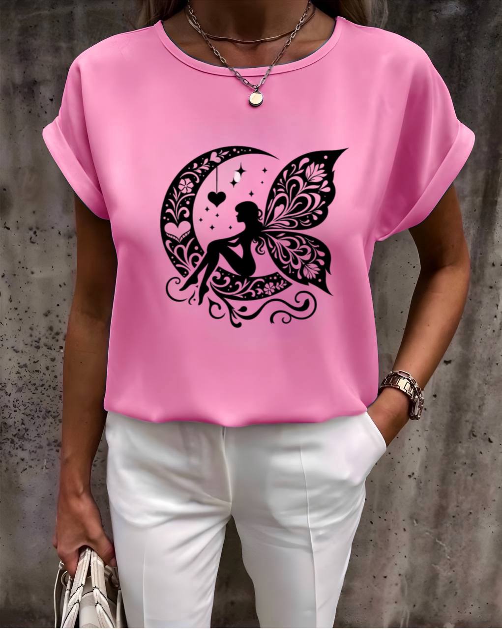 Light Pink Soft Fabric Blouse with Fairy Moon Graphic