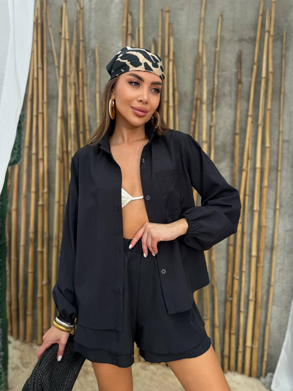 Lightweight Summer Soft Fabric Women's Two-Piece Set Black Shorts and Shirt