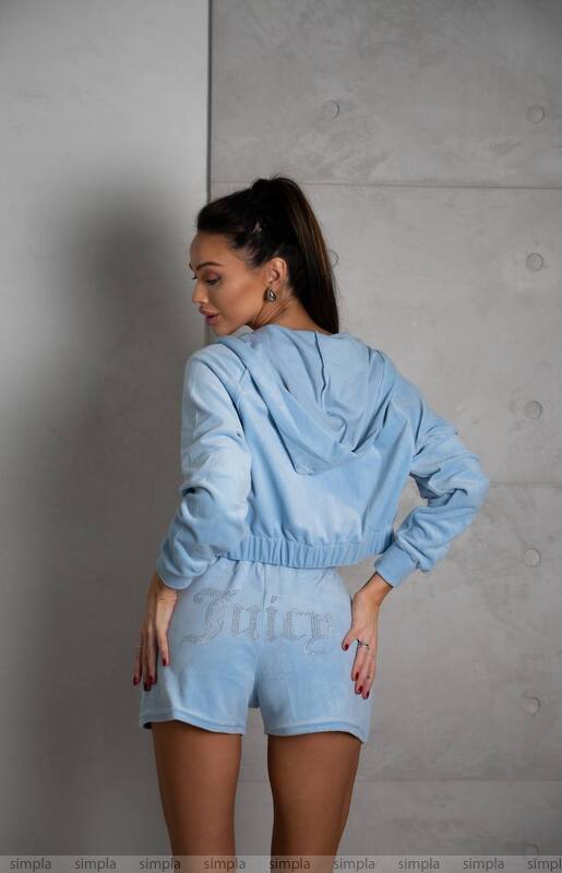 Light Blue Velour Shorts and Jacket Set with Juicy Rhinestone Accent