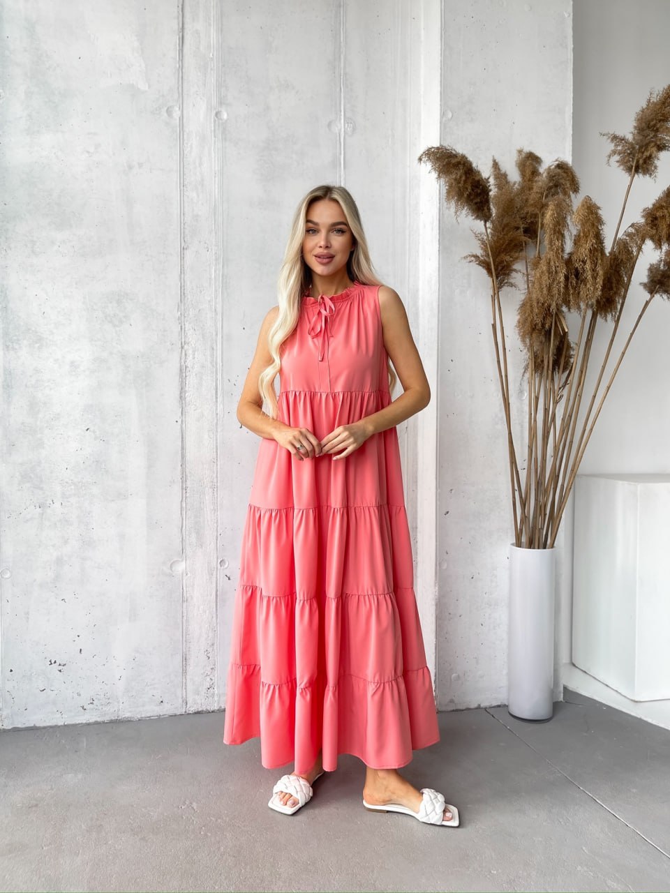 Sleeveless Coral Maxi Dress Soft Fabric Loose Fit