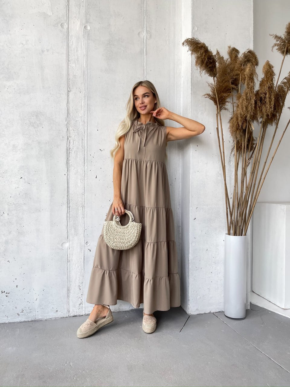 Sleeveless Loose Fit Tiered Maxi Dress with Tie Neck