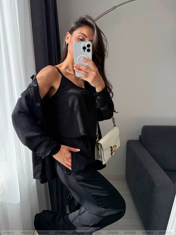 Stylish Comfortable Black Three-Piece Suit with Shirt Tank Top and Pants