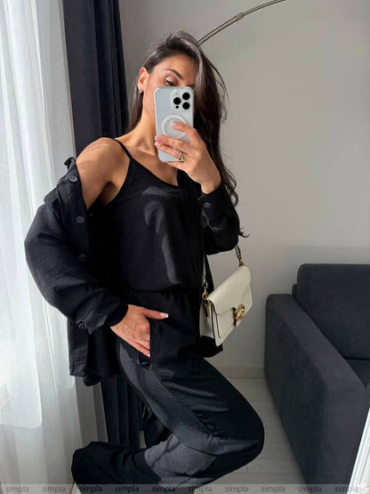 Stylish Comfortable Black Three-Piece Suit with Shirt Tank Top and Pants