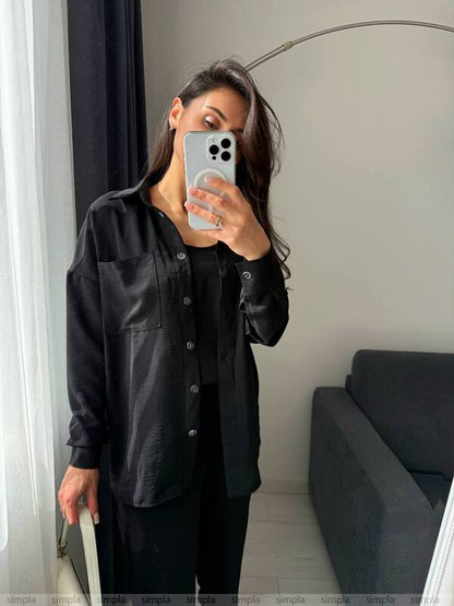 Stylish Comfortable Black Three-Piece Suit with Shirt Tank Top and Pants