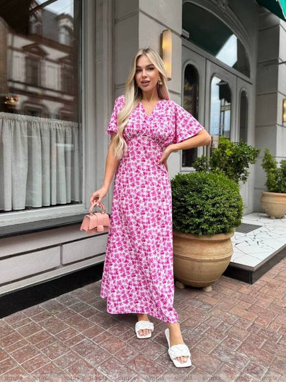 Lightweight Pink Floral Midi Dress for Summer Walks