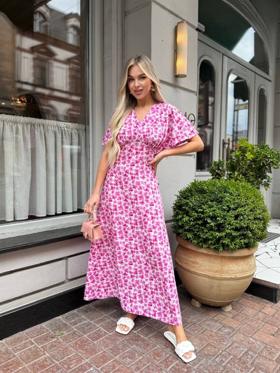 Lightweight Pink Floral Midi Dress for Summer Walks