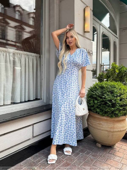 Lightweight Midi Summer Dress Blue Floral Print
