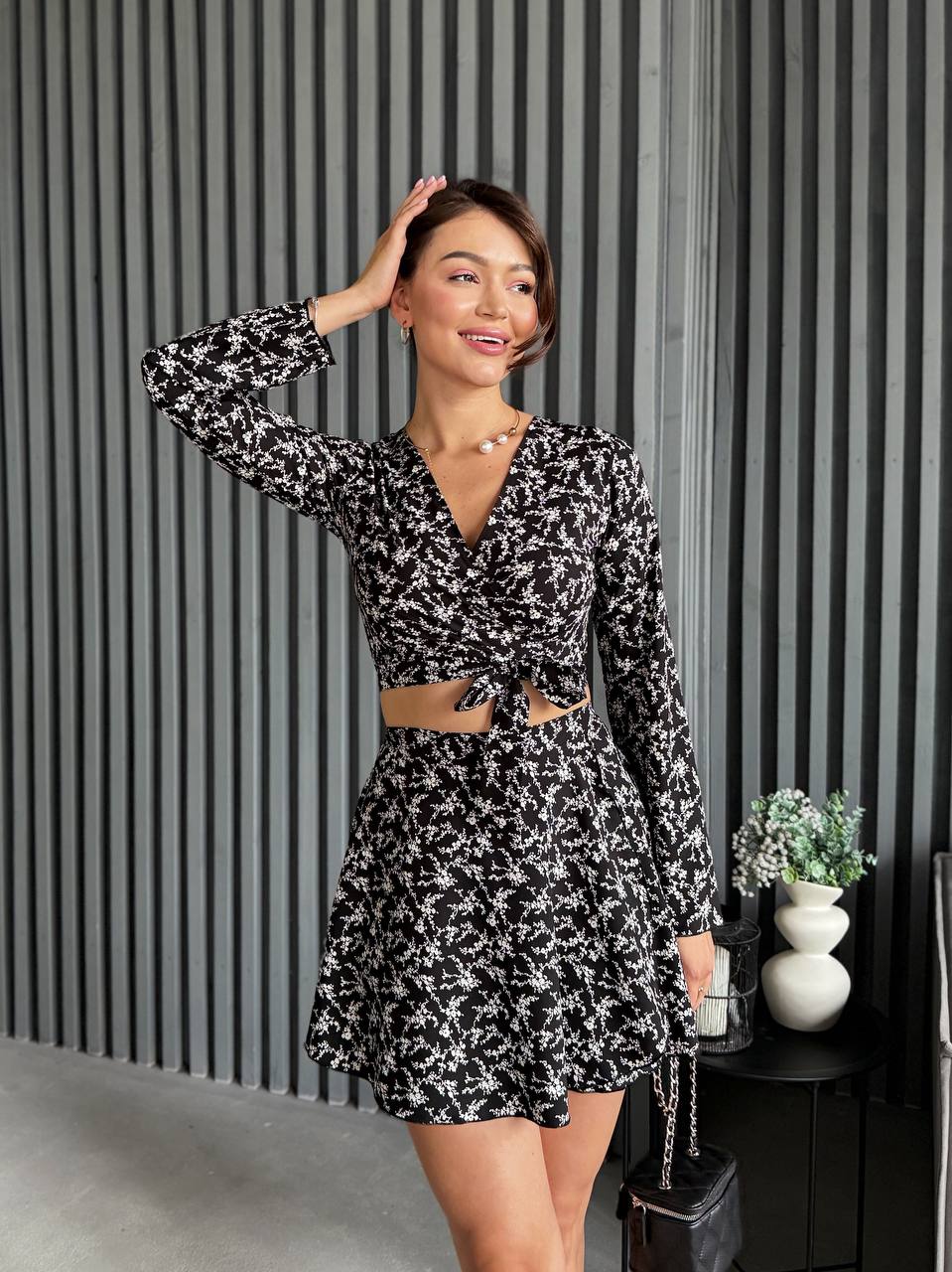Women Stylish Black Floral Print Two-Piece Dress Set Lightweight Soft Material