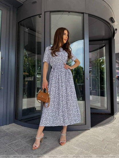 Light Midi Dress with Short Sleeves and Floral Print