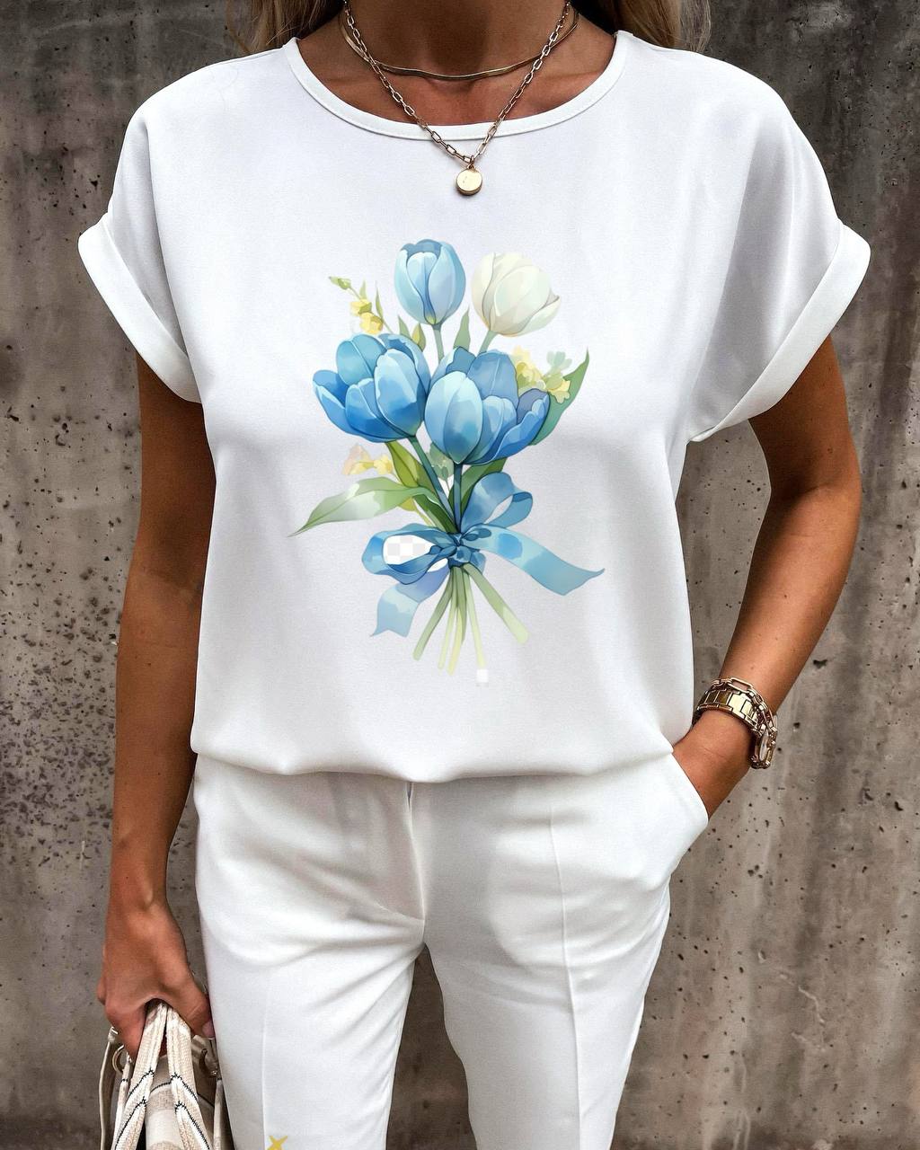 Lightweight White Blouse with Blue Floral Print Soft Fabric
