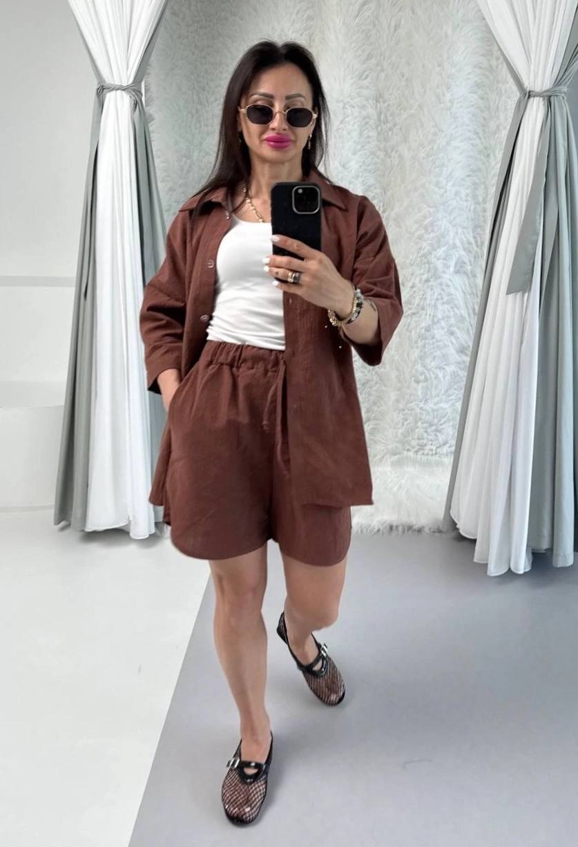 Lightweight Brown Crinkled Linen Summer Outfit Set