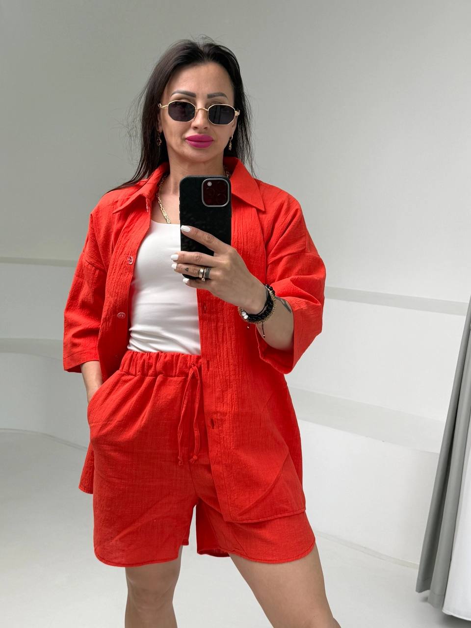 Lightweight Summer Linen Set Women Red Short Sleeve Shirt and Shorts