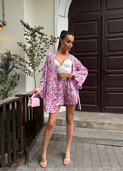 Oversized Floral Kimono Set with Belt and Ruffled Sleeves