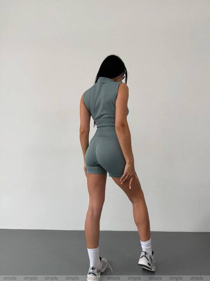 Seamless Ribbed Two-Piece Set with Waist Toning and Zip-Up Top