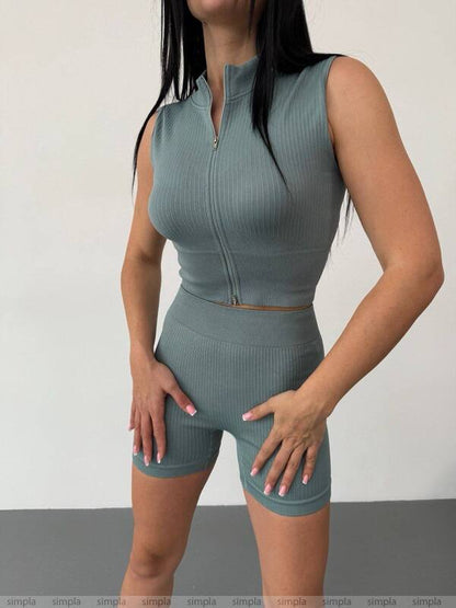 Seamless Ribbed Two-Piece Set with Waist Toning and Zip-Up Top