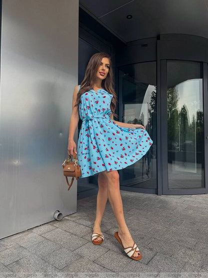 Lightweight Blue Summer Dress with Elastic Waist and Belt