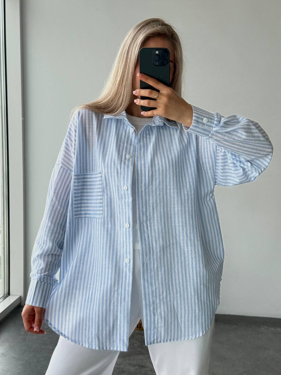 Oversize Striped Linen Shirt Light Blue and White